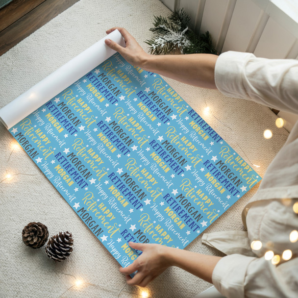 Personalised Wrapping Paper Retirement Blue Yellow Stars Custom Gift Wrap