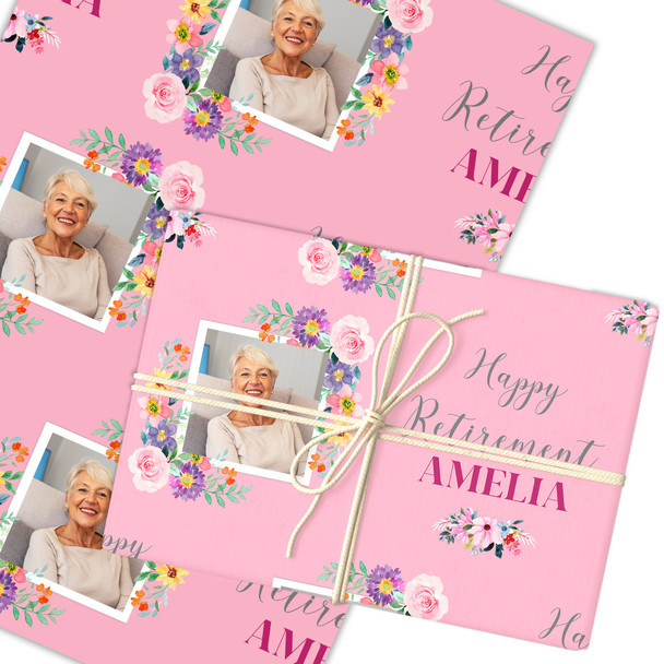 Personalised Wrapping Paper Retirement Female Photo Flower Pink Custom Gift Wrap