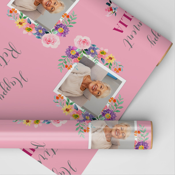 Personalised Wrapping Paper Retirement Female Photo Flower Pink Custom Gift Wrap