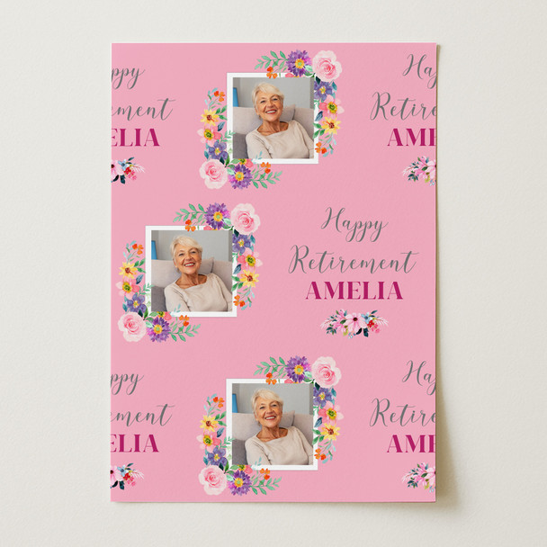 Personalised Wrapping Paper Retirement Female Photo Flower Pink Custom Gift Wrap