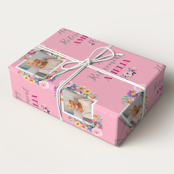Personalised Wrapping Paper Retirement Female Photo Flower Pink Custom Gift Wrap