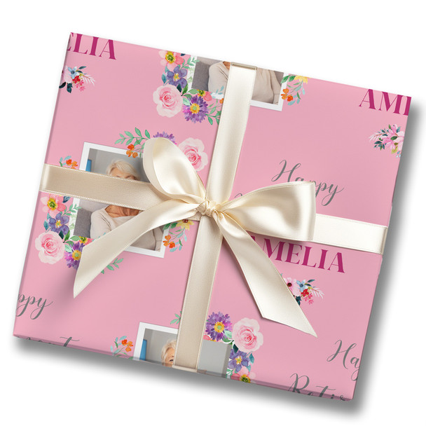 Personalised Wrapping Paper Retirement Female Photo Flower Pink Custom Gift Wrap
