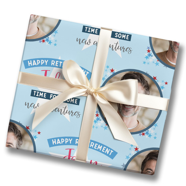 Personalised Wrapping Paper Retirement Male Photo Blue Stars Custom Gift Wrap
