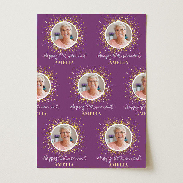 Personalised Wrapping Paper Retirement Photo Confetti Purple Gold Gift Wrap