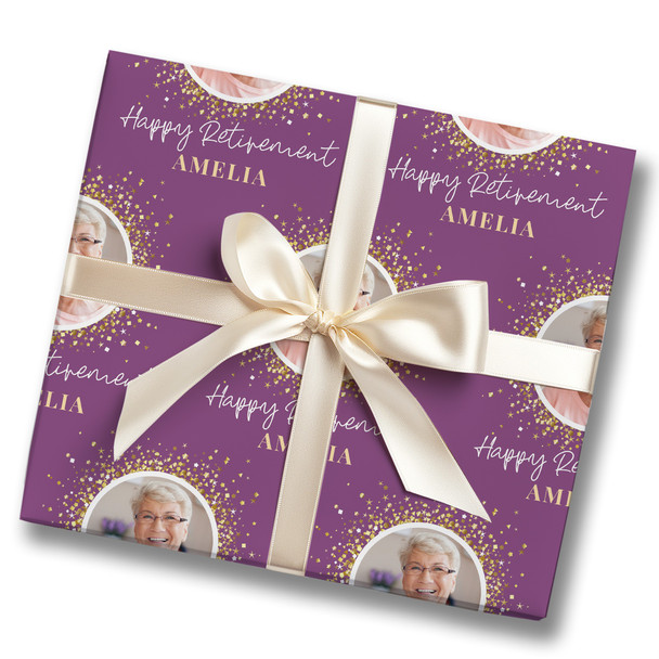 Personalised Wrapping Paper Retirement Photo Confetti Purple Gold Gift Wrap
