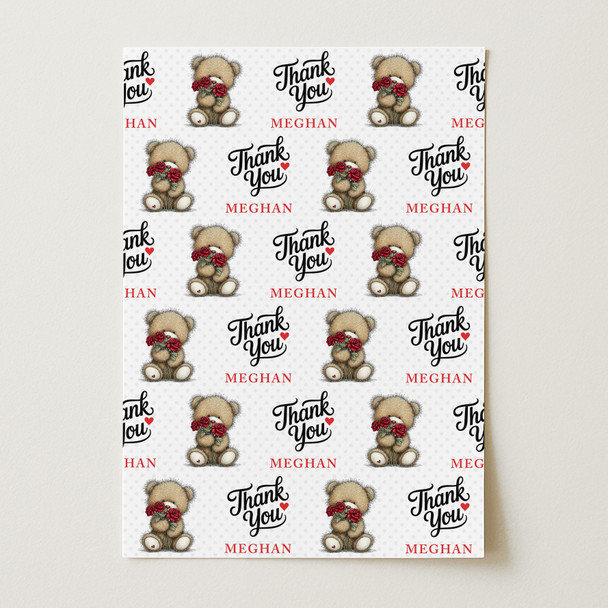 Personalised Wrapping Paper Thank You Cute Teddy Bear Roses Custom Gift Wrap