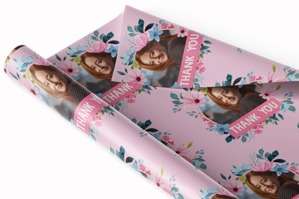 Personalised Wrapping Paper Thank You Female Photo Pink Flowers Custom Gift Wrap
