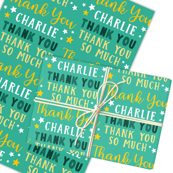 Personalised Wrapping Paper Thank You Green Stars Custom Gift Wrap