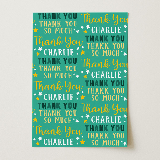 Personalised Wrapping Paper Thank You Green Stars Custom Gift Wrap