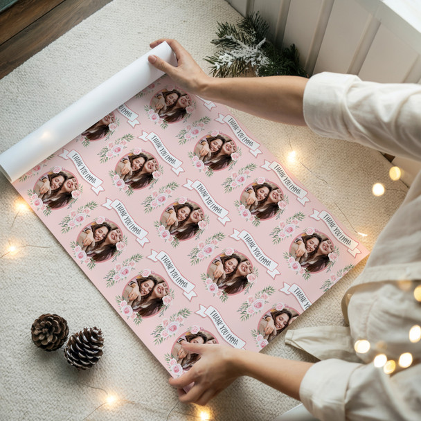 Personalised Wrapping Paper Thank You Photo Pink Flowers Custom Gift Wrap