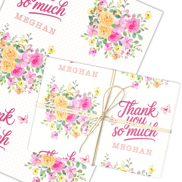 Personalised Wrapping Paper Thank You Pink Yellow Flowers Custom Gift Wrap
