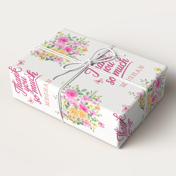 Personalised Wrapping Paper Thank You Pink Yellow Flowers Custom Gift Wrap
