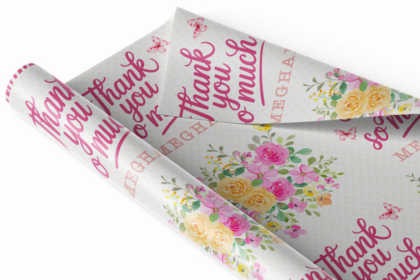 Personalised Wrapping Paper Thank You Pink Yellow Flowers Custom Gift Wrap