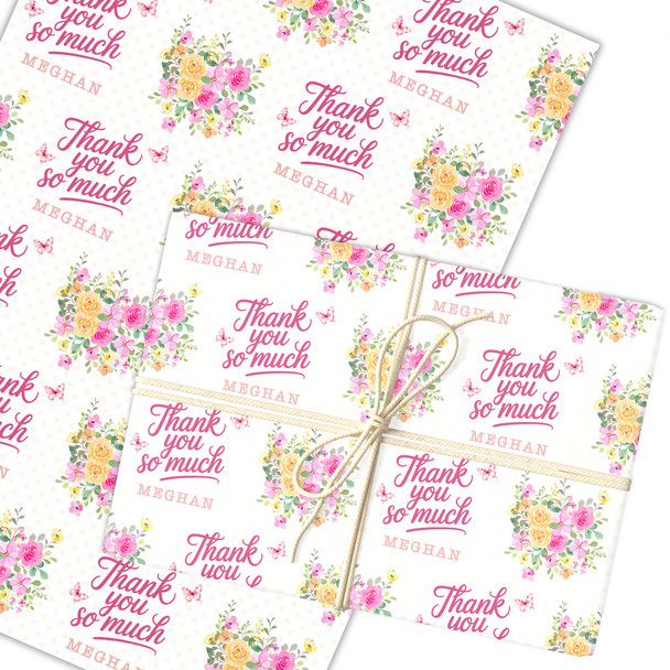 Personalised Wrapping Paper Thank You Watercolour Pink Yellow Custom Gift Wrap