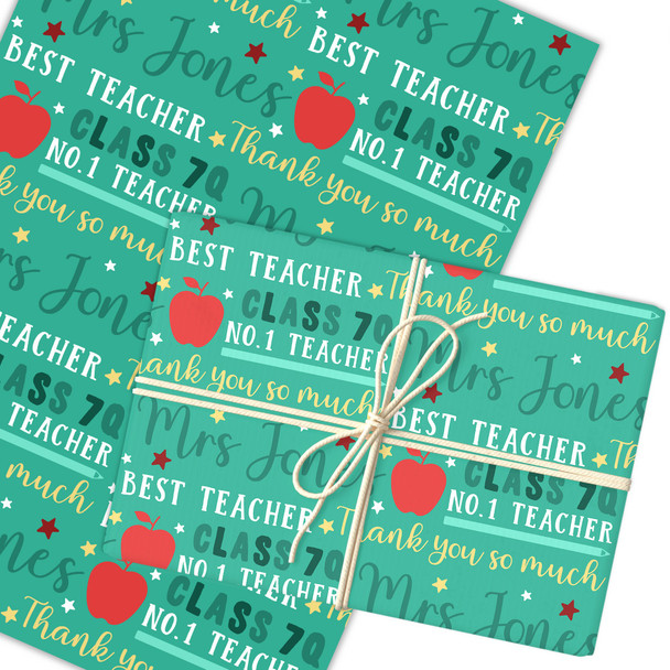 Personalised Wrapping Paper Thank You Teacher Apple Stars Green Custom Gift Wrap