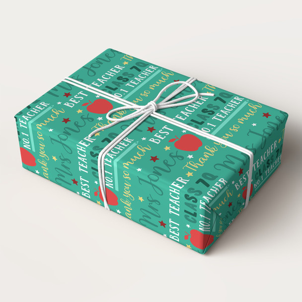 Personalised Wrapping Paper Thank You Teacher Apple Stars Green Custom Gift Wrap