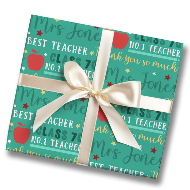 Personalised Wrapping Paper Thank You Teacher Apple Stars Green Custom Gift Wrap