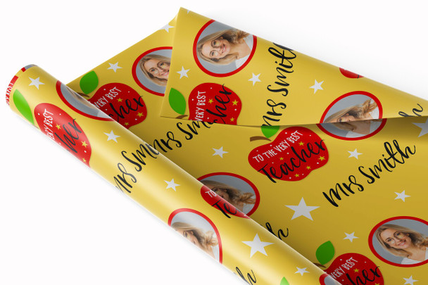 Personalised Wrapping Paper Thank You Teacher Photo Very Best Red Apple Yellow