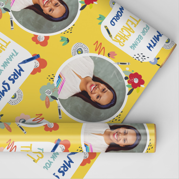 Personalised Wrapping Paper Thank You Teacher Photo Yellow Crayon Gift Wrap