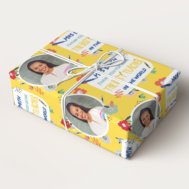 Personalised Wrapping Paper Thank You Teacher Photo Yellow Crayon Gift Wrap
