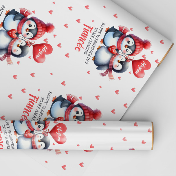 Personalised Wrapping Paper Valentine's Day Fiancée Cute Penguin Gift Wrap