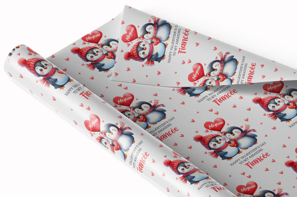 Personalised Wrapping Paper Valentine's Day Fiancée Cute Penguin Gift-Wrap