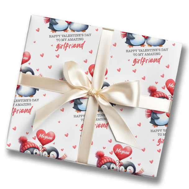 Personalised Wrapping Paper Valentine's Day Girlfriend Cute Penguin Couple
