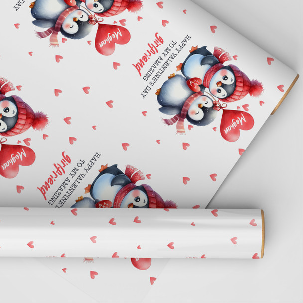 Personalised Wrapping Paper Valentine's Day Girlfriend Cute Penguins Gift Wrap