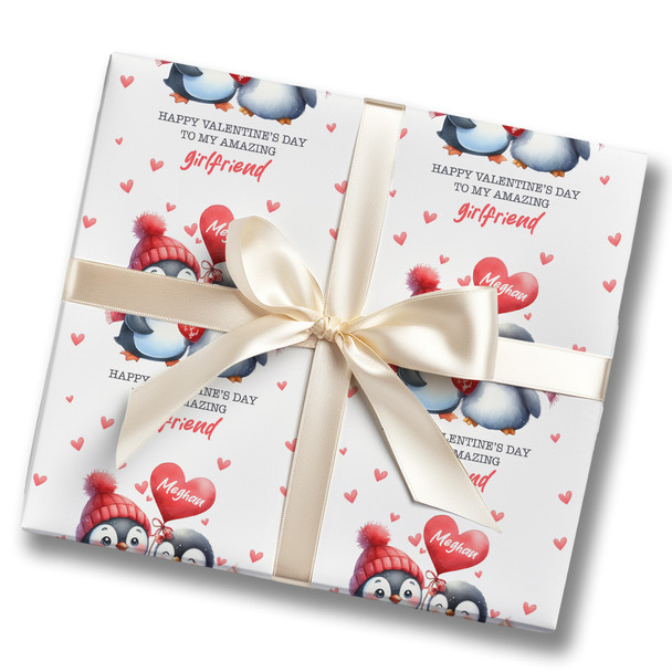 Personalised Wrapping Paper Valentine's Day Girlfriend Cute Penguins Gift Wrap