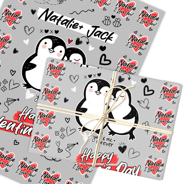 Personalised Wrapping Paper Valentine's Day Penguin Couple Doodles I Love You