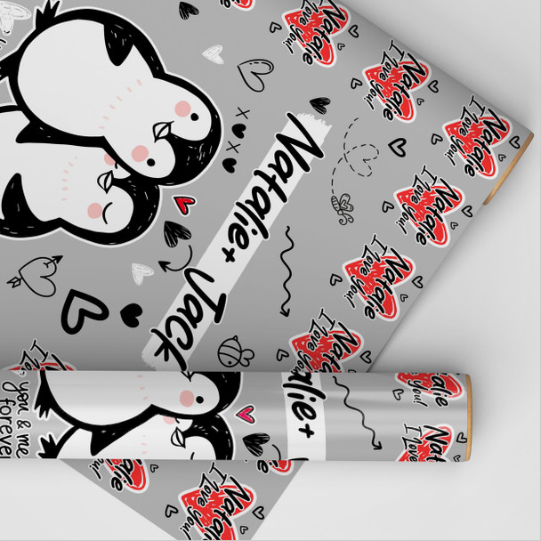 Personalised Wrapping Paper Valentine's Day Penguin Couple Doodles I Love You