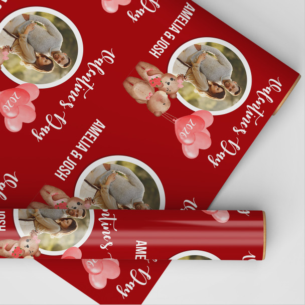 Personalised Wrapping Paper Valentine's Day Photo Bear Couple Heart Balloon Red