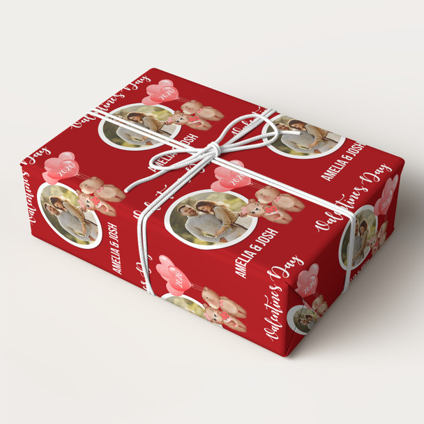 Personalised Wrapping Paper Valentine's Day Photo Bear Couple Heart Balloon Red