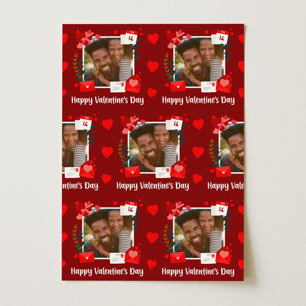 Personalised Wrapping Paper Valentine's Day Photo Frame Envelope Hearts Red