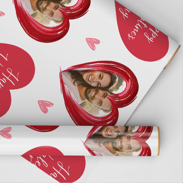 Personalised Wrapping Paper Valentine's Day Photo Red Hearts Brush Gift Wrap