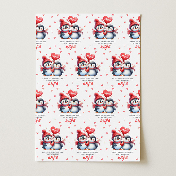 Personalised Wrapping Paper Valentine's Day Wife Cute Penguin Custom Gift Wrap