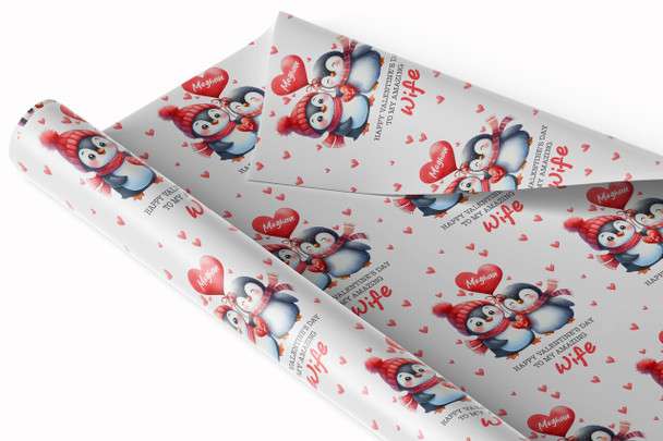 Personalised Wrapping Paper Valentine's Day Wife Cute Penguin Custom Gift Wrap