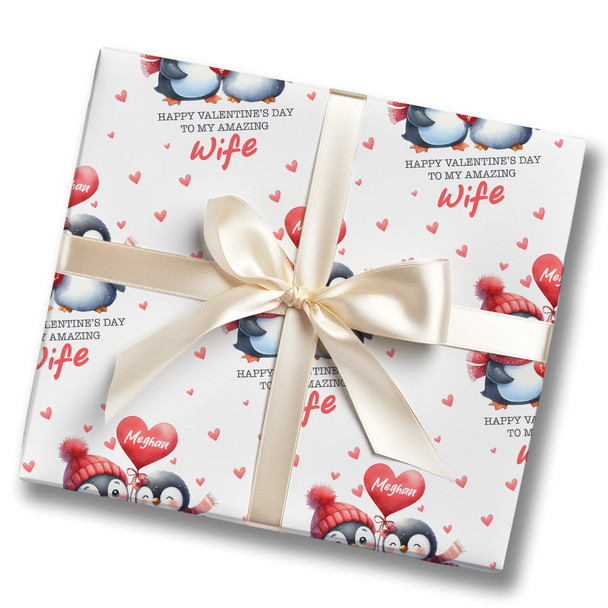Personalised Wrapping Paper Valentine's Day Wife Cute Penguin Couple Gift Wrap