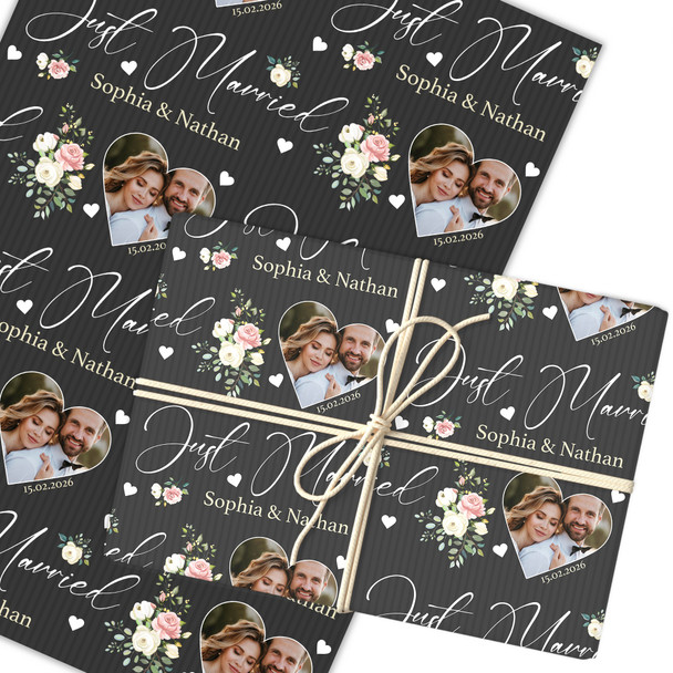 Personalised Wrapping Paper Wedding Day Floral Just Married Heart Photo Black