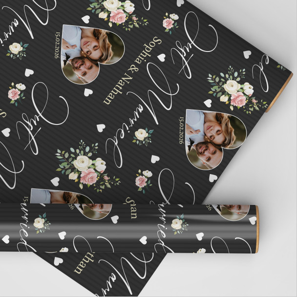 Personalised Wrapping Paper Wedding Day Floral Just Married Heart Photo Black