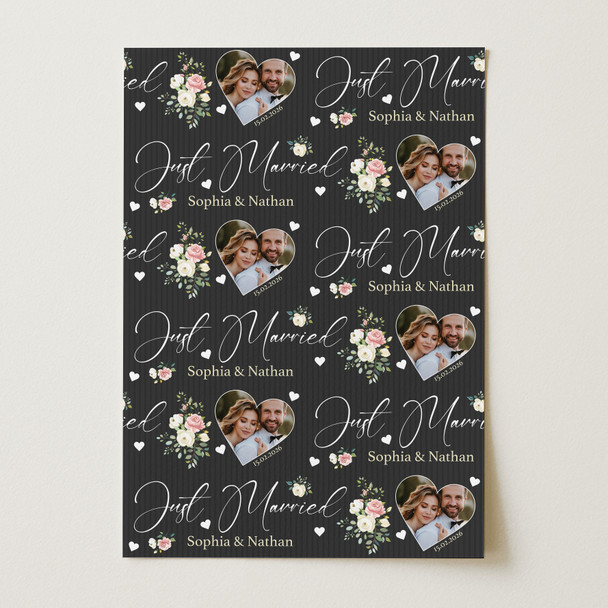 Personalised Wrapping Paper Wedding Day Floral Just Married Heart Photo Black