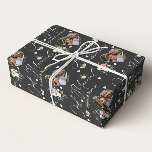 Personalised Wrapping Paper Wedding Day Floral Just Married Heart Photo Black