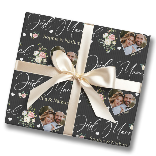 Personalised Wrapping Paper Wedding Day Floral Just Married Heart Photo Black