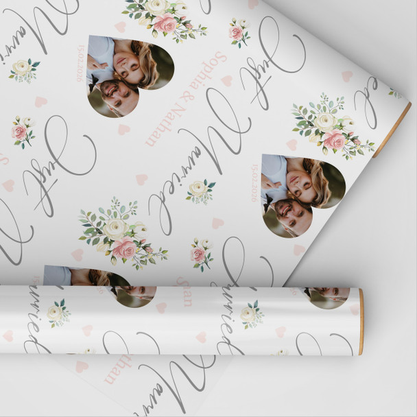 Personalised Wrapping Paper Wedding Day Floral Just Married Heart Photo White