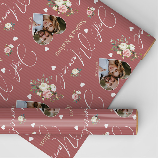 Personalised Wrapping Paper Wedding Day Floral Just Married Photo Gift Wrap
