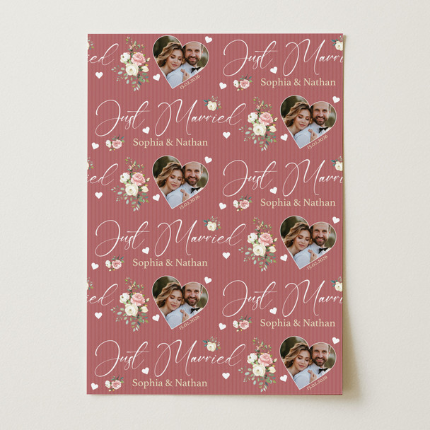 Personalised Wrapping Paper Wedding Day Floral Just Married Photo Gift Wrap