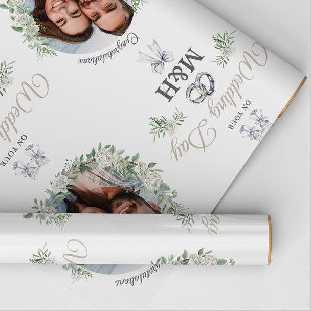 Personalised Wrapping Paper Wedding Day Floral Rings Photo Custom Gift Wrap