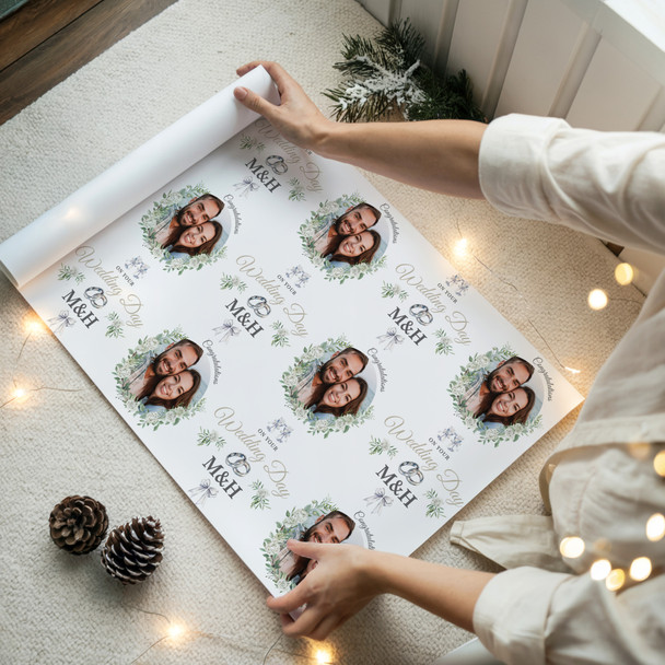 Personalised Wrapping Paper Wedding Day Floral Rings Photo Custom Gift Wrap