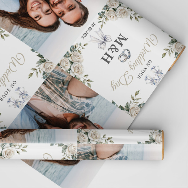 Personalised Wrapping Paper Wedding Day Floral Wedding Rings Photo Gift Wrap