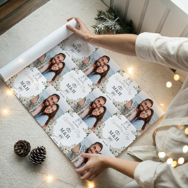 Personalised Wrapping Paper Wedding Day Floral Wedding Rings Photo Gift Wrap